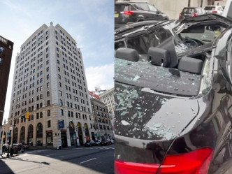 美国男子从中厦9楼堕下，压毁一辆私家车。 （网上图片）