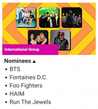BTS入選英國最權威的音樂獎《Brit Awards》的國際組合獎。