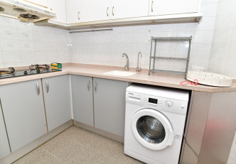 廚房牆身及廚櫃均用以白色，使一室整潔。