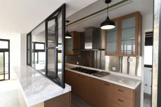 厨房为半开放式设计，厨柜及炉具齐全。