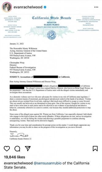 伊凡转载加州参议员Susan Rubio要求司法部调查Marilyn Manson的贴文。