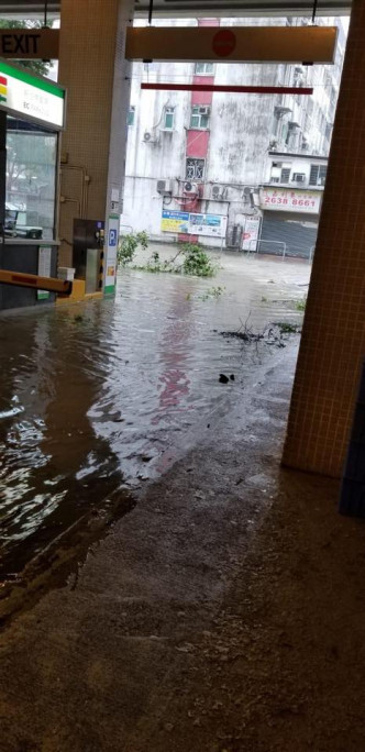 雨水湧入停車場內。fb群組「Tai Po 大埔」