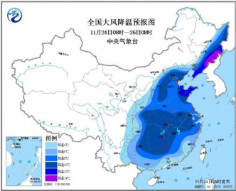西北華北東北等地發布寒潮藍色預警。網圖