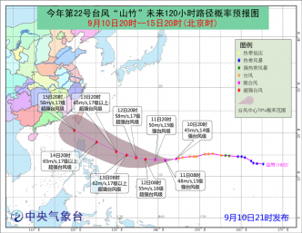 山竹预测路径。内地中央气象台预测