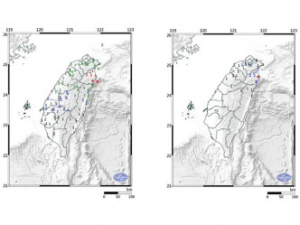 台灣東部海域上午5時28分發生6級地震（左），到上午7時02分宜蘭縣再發生4.6級地震（右）。（網圖）