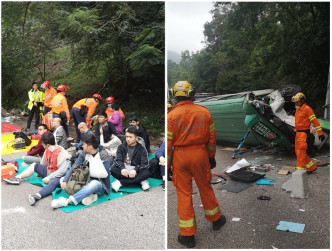 小巴车头严重损毁，部分伤者坐在路边等待救送院。