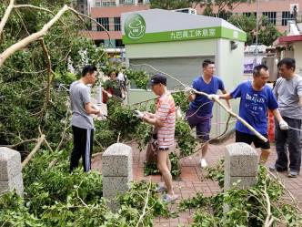 劉國勳(藍衣)今早與一班熱心的義工市民，落區自發清理樹木。劉國勳facebook