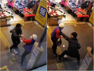 女店东出手制止偷窃惯犯，被对方推落地。网上影片截图