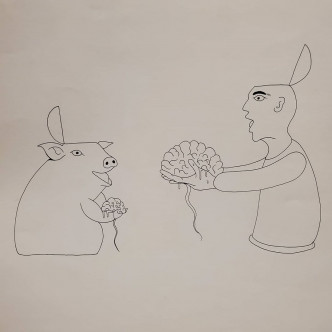 小鬼手稿，幅畫好正好有意思，人同豬交換個腦。