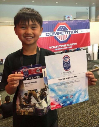 9岁男童Tristan Ang上月考获跆拳道黑带，曾获得多枚奖牌。