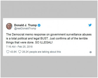 特朗普在 Twitter發出短訊指民主黨的備忘錄完全是政治和法律破壞。