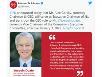 強生集團（J&J）宣布，杜阿托（Joaquin Duato）將接任行政總裁。（Twitter圖片）