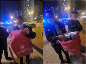 警员怀疑男子盗窃外卖袋。影片截图
