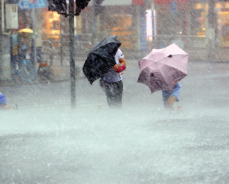 在上海市莘松路市民冒雨行走。新华社