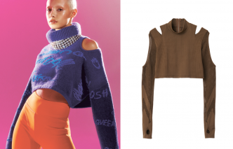 左/肩位採用Cut Out設計短身冷衫/$699、Choker/$449;右/Cut Out設計的卡其綠色上衣/$349。