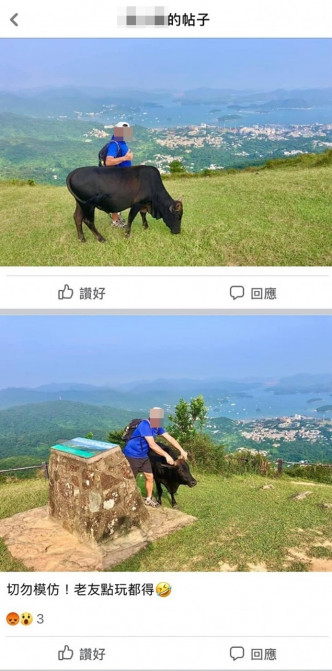 涉事男子在帖文上写「切勿模仿！老友点玩都得！」。「香港行山远足之友(吹水山谷）」ＦＢ图片