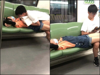 二人躺在地鐵座椅上換了三組姿勢。網圖