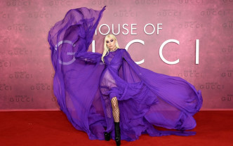Gaga穿上紫色晚装及鱼网丝袜。