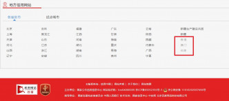 内地「信用中国」各省市信用网站连结位置，已预留港澳台位置。网上图片