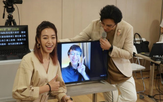 鄭世豪跟現身熒幕的吳業坤，和到現場的陳康琪合照。