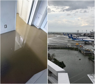 關西機場被水淹沒。網上圖片