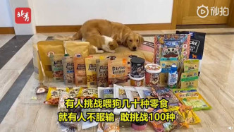 有人挑戰餵狗吃幾十種零食。網圖
