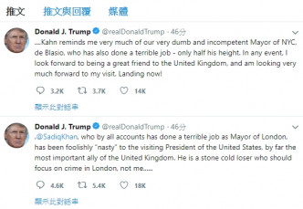 特朗普在Twitter發文批評倫敦市長是失敗者。