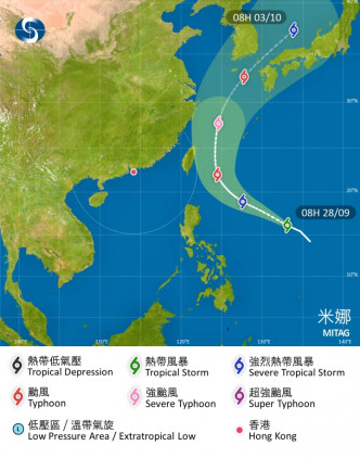 风暴米娜靠近台湾。天文台路径