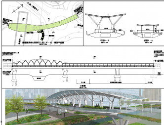  擬建園景美化高架行人道 。區議會文件