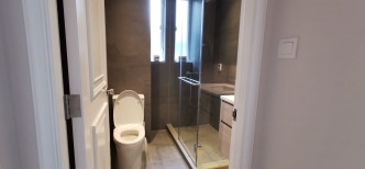浴室以灰色为主，采企缸设计，省位好用。