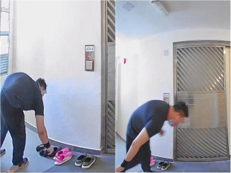 长沙湾凯乐苑一名可疑男子在走廊拾起并嗅闻住户放于门外的鞋子，其后将手放于下体疑自慰。网上图片