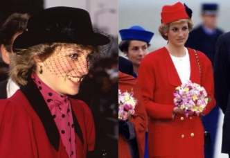 左/黑配紅的衣著是那些年Princess Diana喜愛的衣著造型之一。右/1988年,戴安娜曾穿上一件Chanel紅色長外套出訪巴黎。