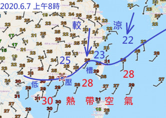 今天早上的地面气温图显示了两股空气相遇。林超英facebook图片