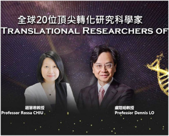 「2018年全球20位頂尖轉化研究科學家」，中大盧煜明（右）及趙慧君各佔一席。