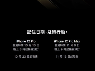 iPhone 12 Pro及Pro Max的預售及發售日期。