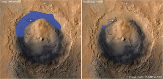好奇号火星车上的THEMIS 热辐射成像系统拍摄，图中为盖尔陨石坑，蓝色代表湖泊。港大相片