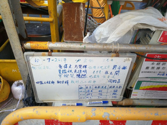昨午发生意外的地盘，工作板上仍记录了昨日的工作情况，显示3名死者名字。梁国峰摄