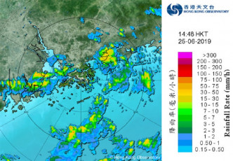 未来一两小时香港广泛地区可能受大雨影响。天文台雷达图