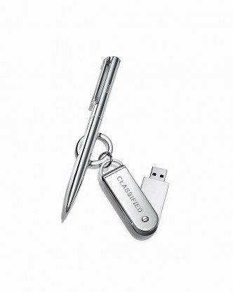 Tiffany T-clip行政人員原子筆/$1,850/Tiffany & Co.及純銀USB Key Ring/售價待定/Tiffany & Co.。