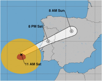 莱斯利周日凌晨在葡萄牙北部登陆。