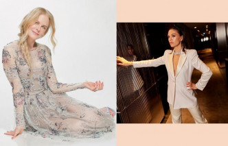 左/Nicole Kidman的水晶刺繡圖案薄紗晚裝裙，以及右/Sabrina Bartlett 穿上的象牙色真絲單扣峰值翻領燕尾服，均來自Giorgio Armani。