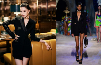 新一代女星文咏珊以Versace春夏系列的黑色Trésor Blazer西装褛/$25,700，配衬黑色短裤/售价待定，帅气型格出席公开活动。