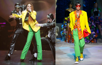 同樣來自Versace春夏系列的鮮黃色西裝褸襯以鮮綠色長褲，另配襯高跟尖頭靴，搶眼型格，也迎合了今季中性打扮的時尚潮流。