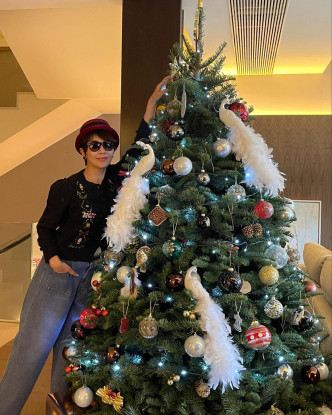 劉嘉玲家中的聖誕樹超大棵，即使她舉高手都未掂到個頂。