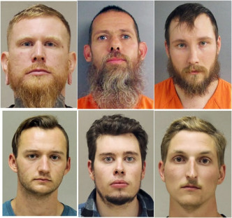 被捕的6人，左起:Brandon Caserta、Pete Musico、Joseph Morrison、Kaleb Franks、Ty Garbin、Daniel Harris。AP圖片