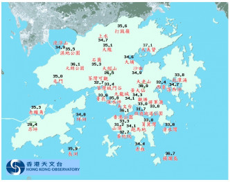 天文台总部下午2时录得36.1度，今年最热。天文台网站截图