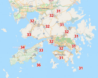 周三長洲下午3時達36度。天文台分區天氣預測截圖