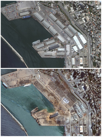 爆炸前（上）和爆炸後(下)貝魯特港口對比照。 AP圖