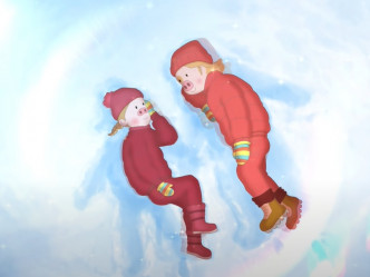 麥兜與女友在雪山上蜷曲身體，與對方對望。影片截圖