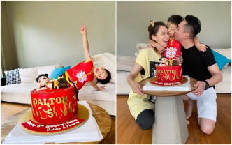 徐若瑄幫Dalton扮成哪吒來慶祝生日，一家人齊切蛋糕。